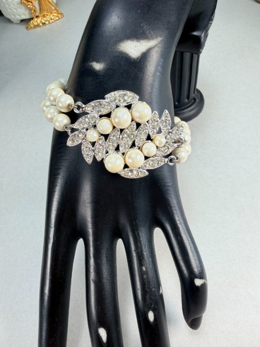 Vintage Emmons Faux Pearl Rhinestone Bracelet Silver Tone Signed